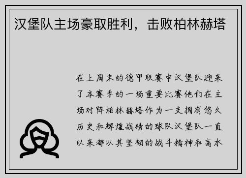 汉堡队主场豪取胜利，击败柏林赫塔