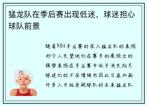 猛龙队在季后赛出现低迷，球迷担心球队前景